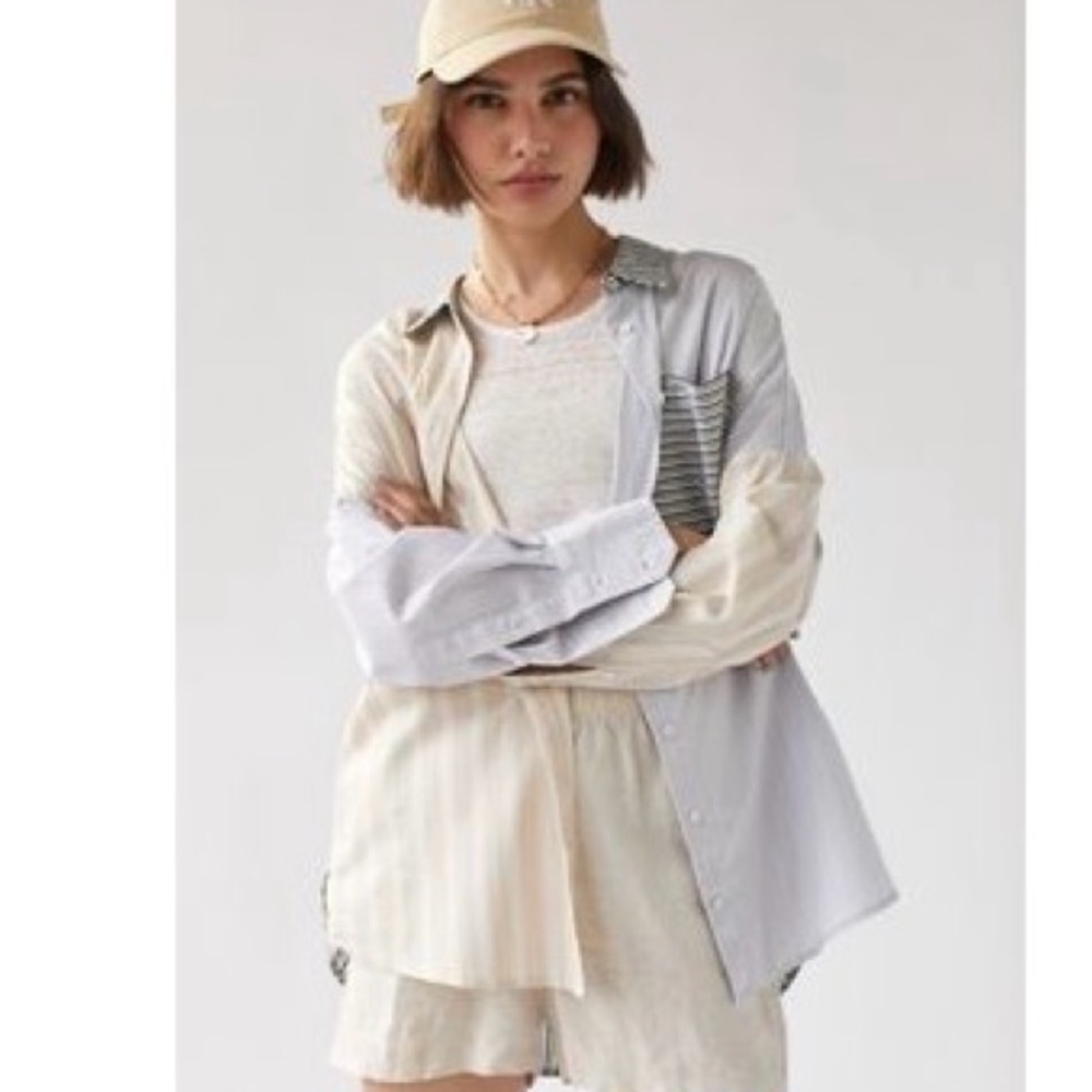 BDG Patchwork Oversized Button-Down Shirt in Light Gray and Cream